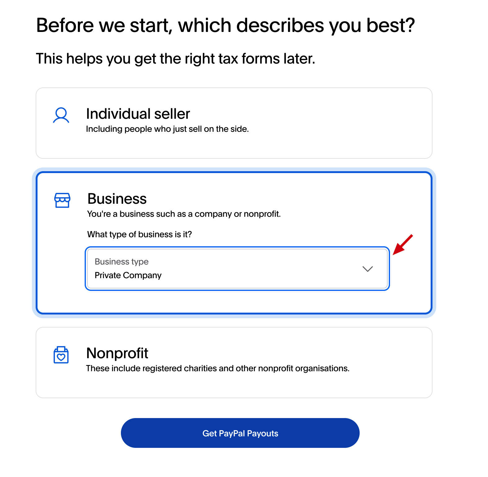 paypal business type